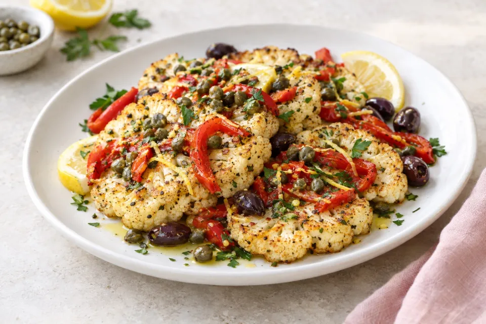 Low-Carb Roasted Cauliflower Slices with Red Pepper, Capers, Lemon, and Olives