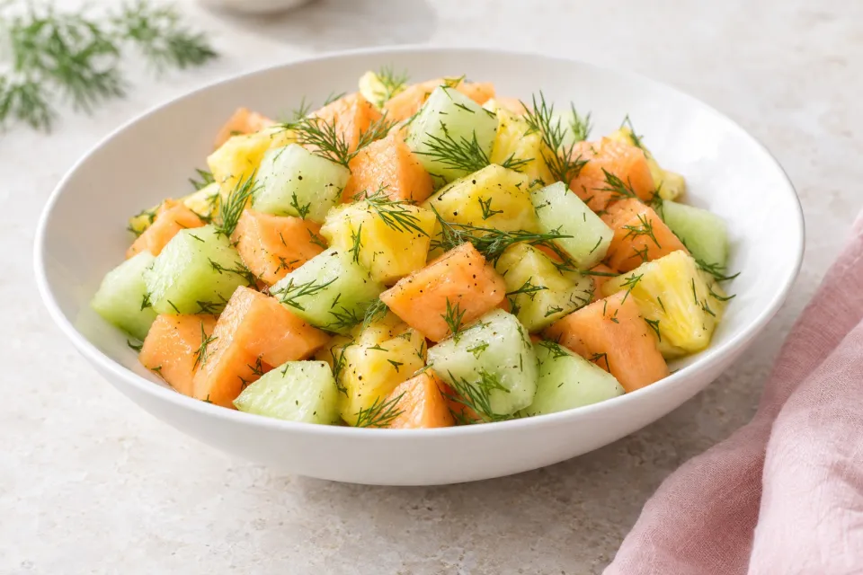 Fruit Salad with Cantaloupe, Honeydew, Pineapple, and Dill