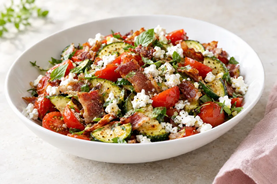 Bacon, Tomato, and Zucchini Salad with Feta