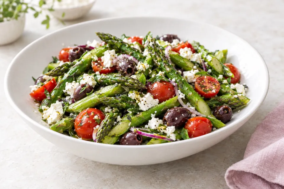 Asparagus Salad with Cherry Tomatoes, Kalamata Olives, and Feta