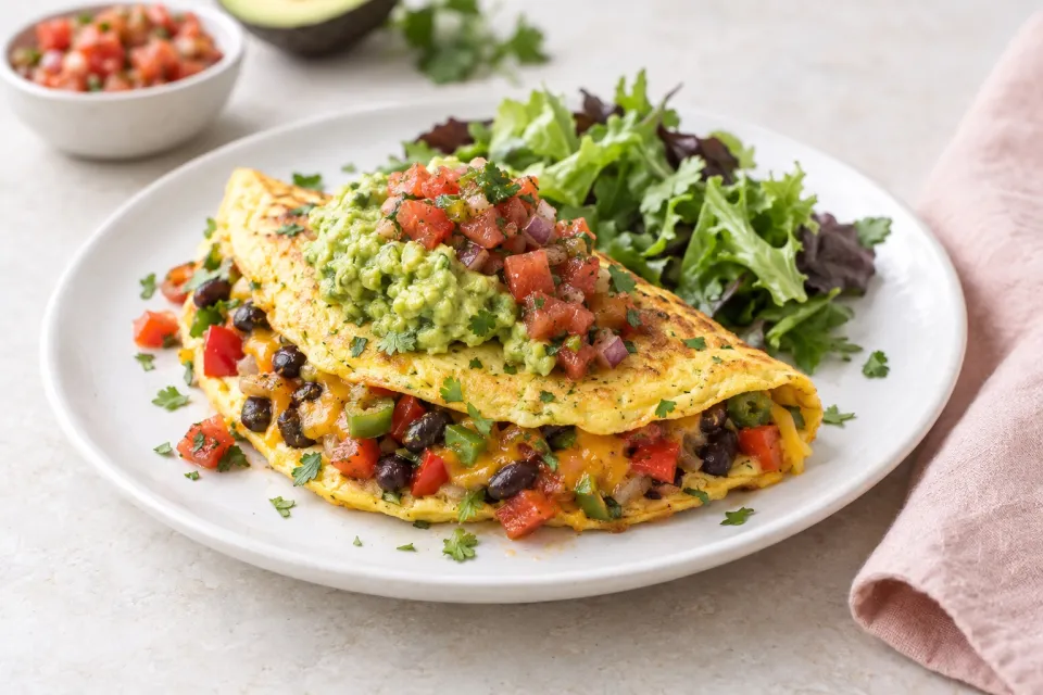 Low-Carb Southwestern Omelet with Easy Guacamole and Salsa