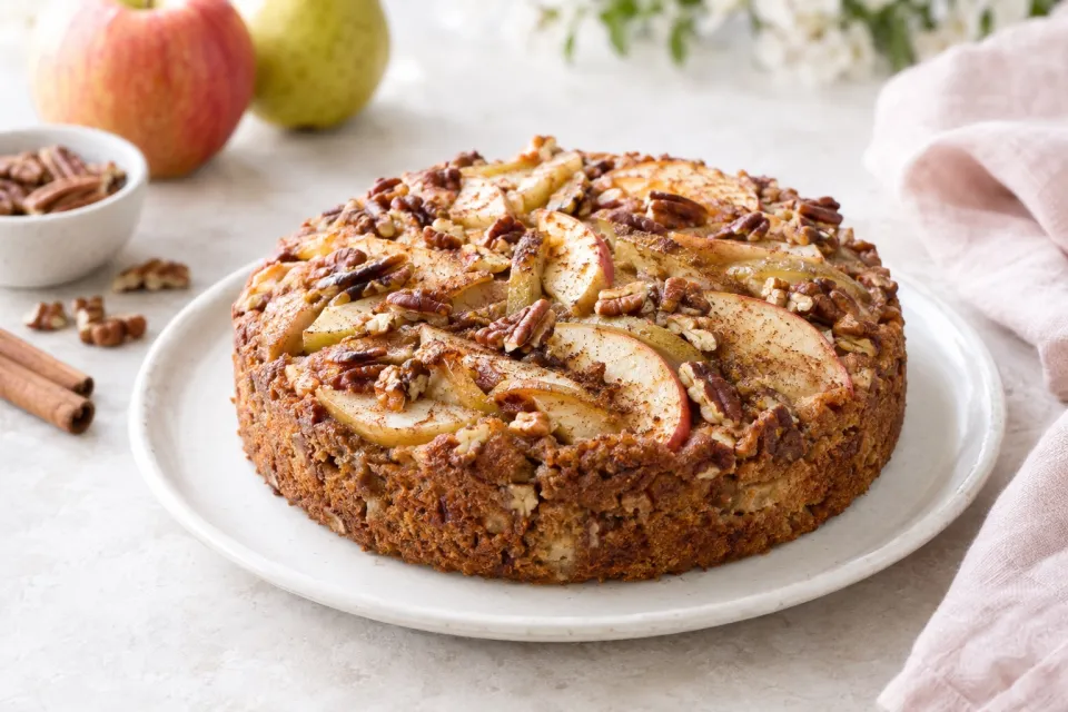 Low Sugar and Whole Wheat Apple-Pear Cake with Cinnamon and Pecans