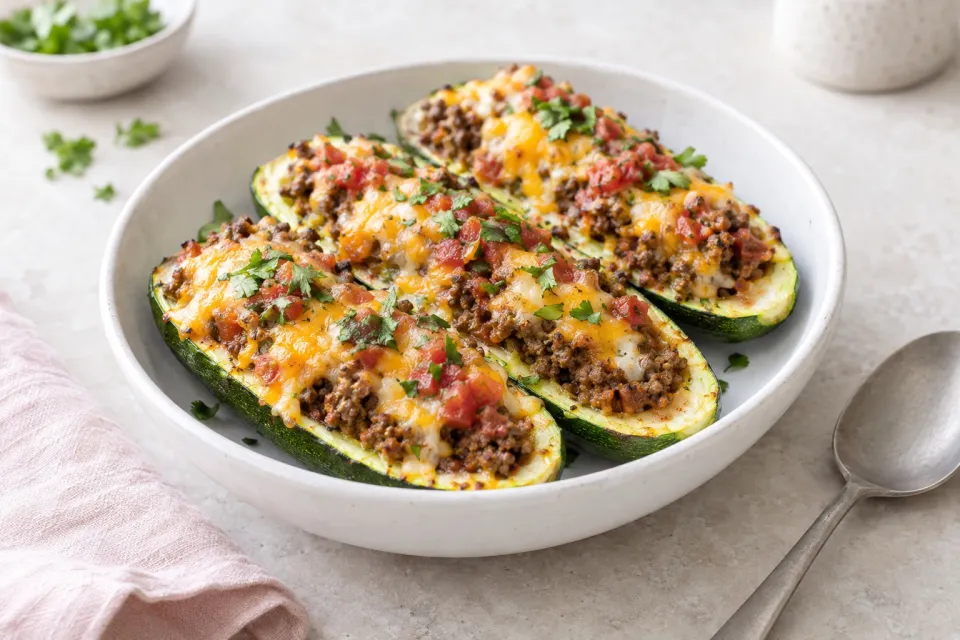 Low-Carb Cheesy Salsa Beef Zucchini Boats