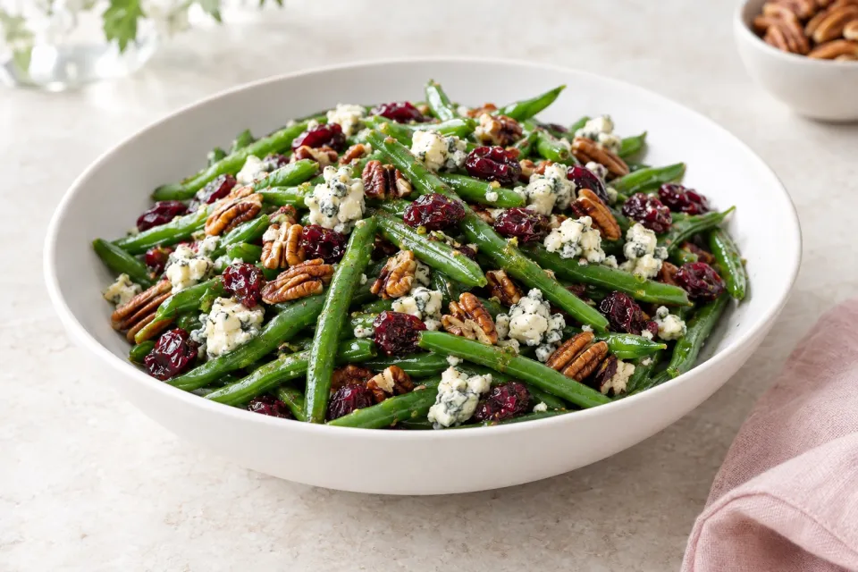 Thanksgiving Green Bean Salad with Blue Cheese, Dried Cranberries, and Pecans