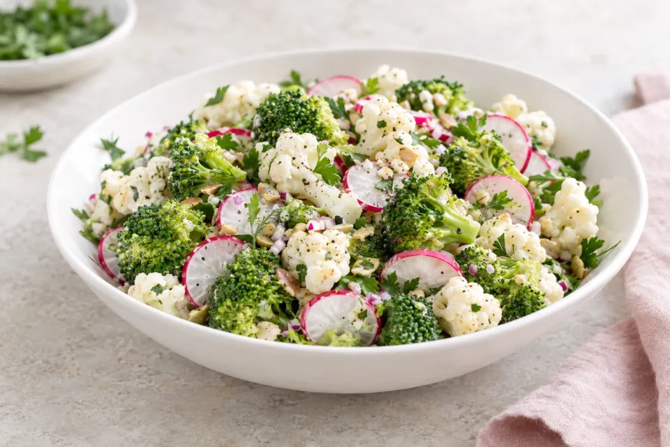 Low-Carb Broccoli and Cauliflower Salad with Radishes