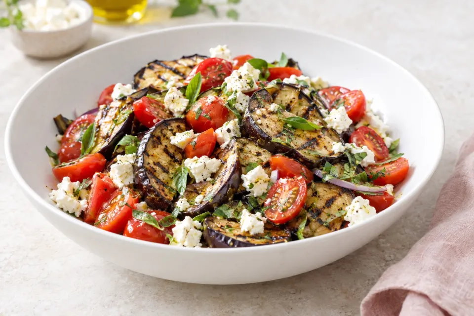 Grilled Eggplant, Grape Tomato, and Feta Salad