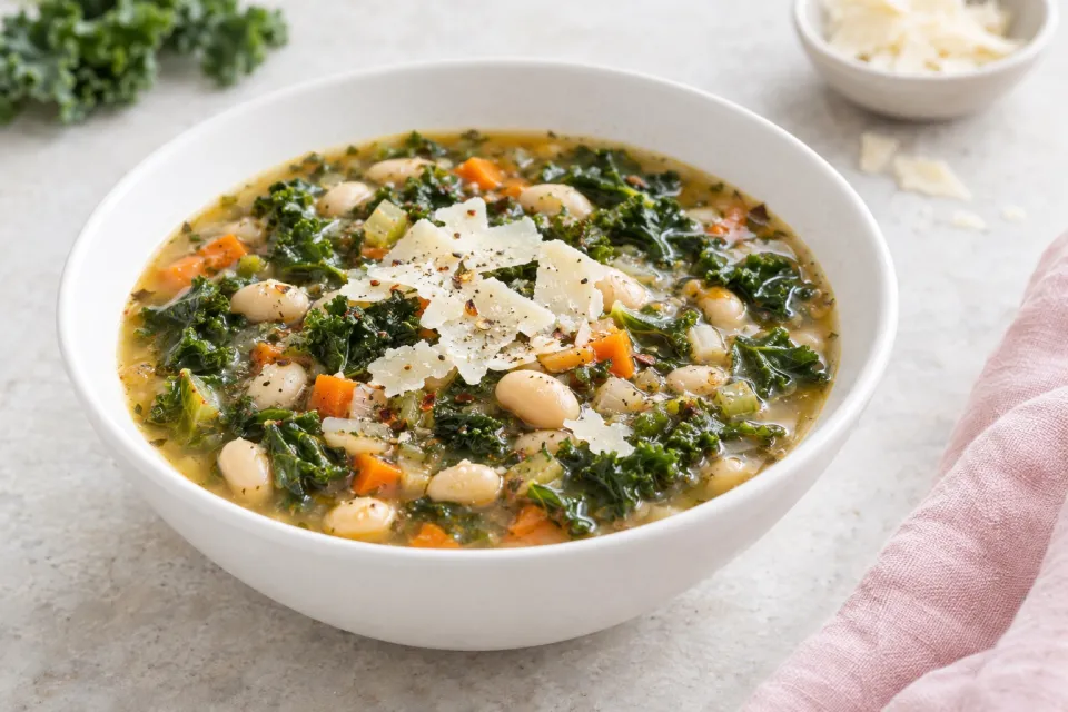 Slow Cooker Vegetarian Cannellini Bean and Kale Soup with Shaved Parmesan