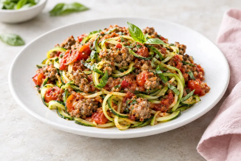 Julienned Zucchini Mock Spaghetti with Quick Sausage, Tomato, and Basil Sauce