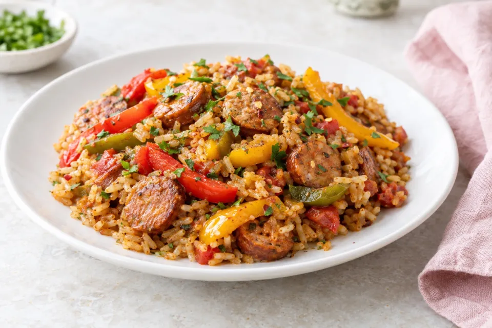 Slow Cooker Spicy Brown Rice with Sausage and Peppers