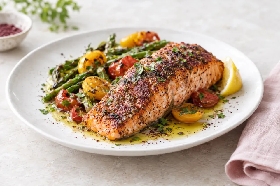 Sumac-Rubbed Salmon Roasted in Olive Oil