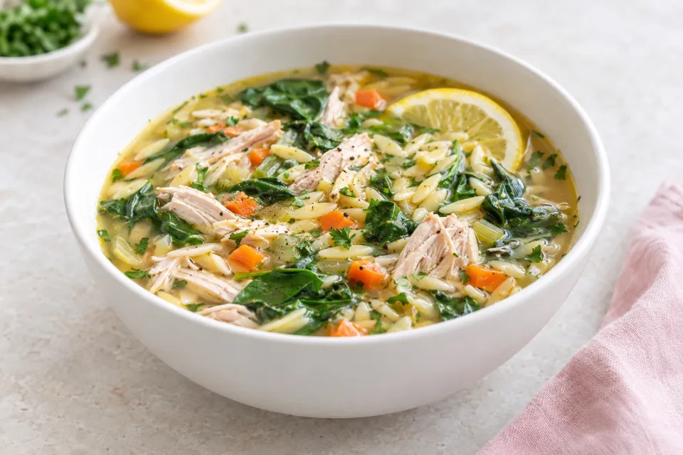 Slow Cooker Lemony Turkey Soup with Spinach and Orzo