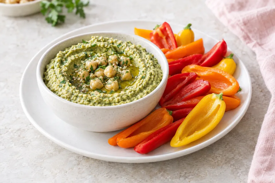 Green Garbanzo Hummus with Sweet Mini-Pepper Dippers