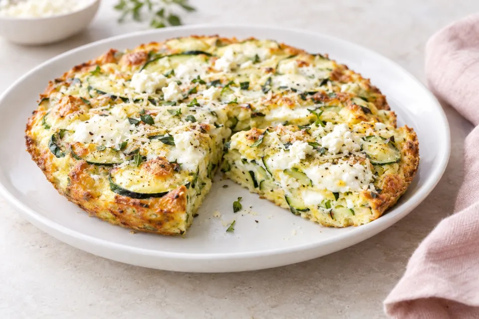 Three Cheese Zucchini Frittata with Mozzarella, Feta, and Parmesan