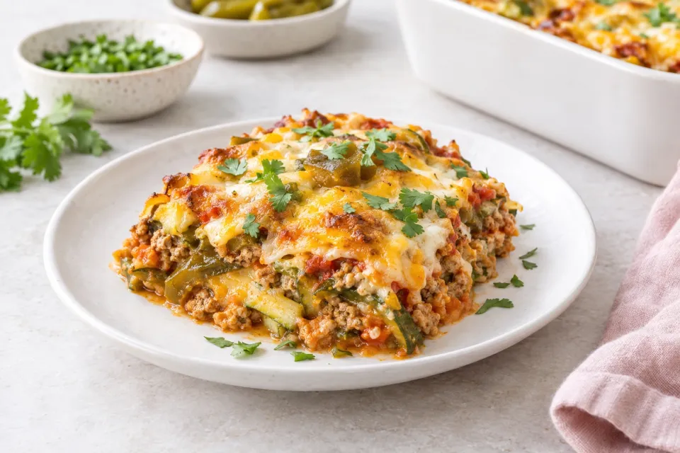 Low-Carb Enchilada Casserole with Ground Turkey and Chiles