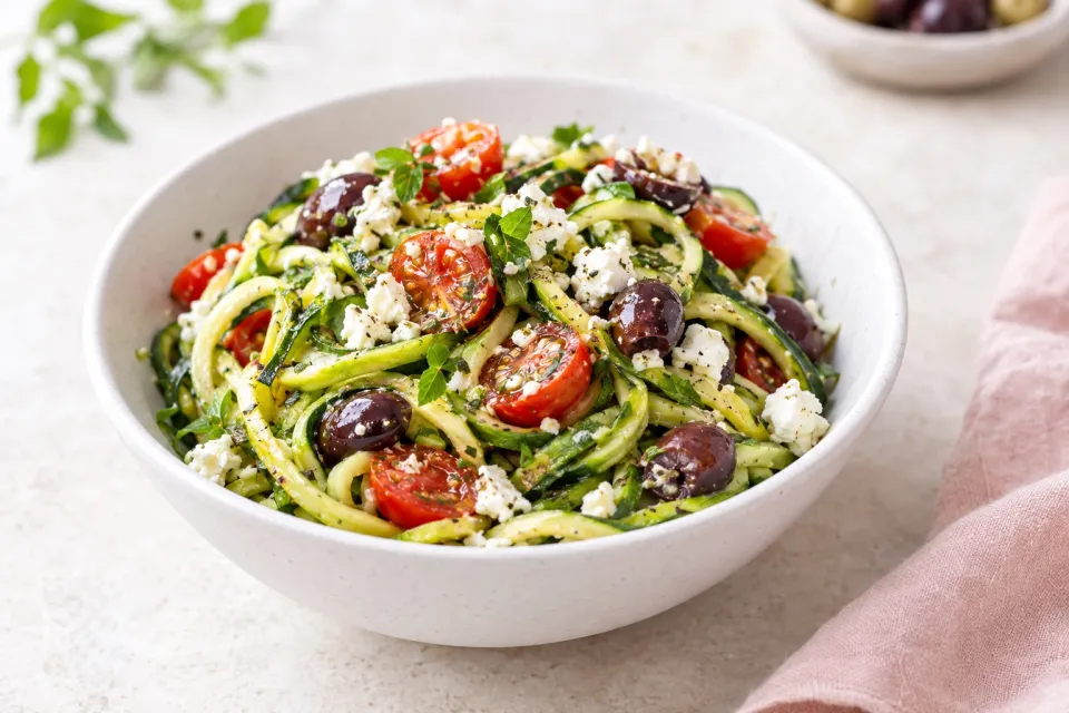Greek-Style Zucchini Noodles with Tomatoes, Olives, and Feta