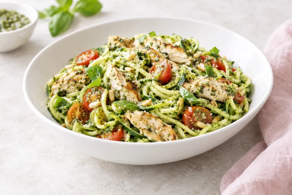 Chicken Pesto Zucchini Noodle Salad