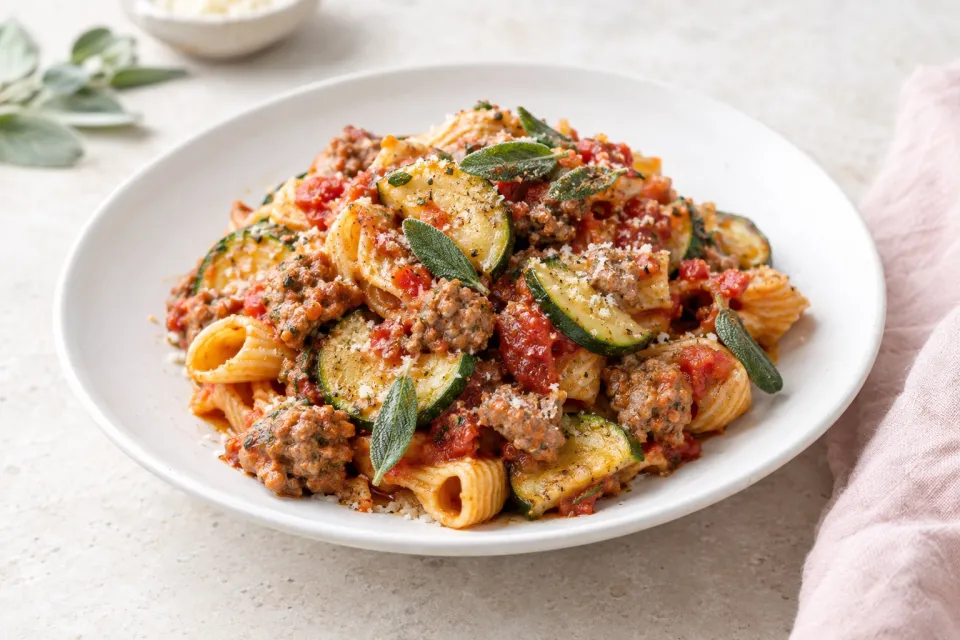 Rustic Pasta Sauce with Italian Sausage, Zucchini, and Sage