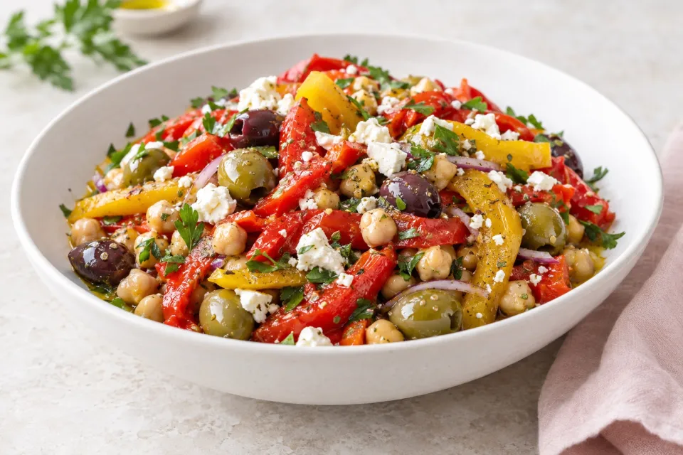 Marinated Pepper Salad with Garbanzos, Olives, and Feta