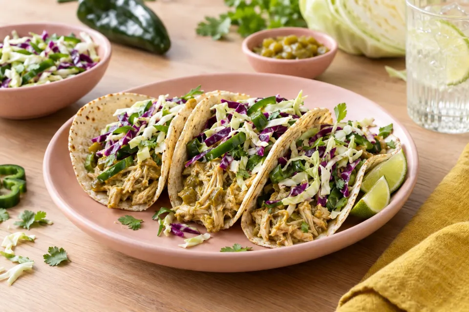 Low-Carb Slow Cooker Green Chile Chicken Tacos with Poblano-Cabbage Slaw