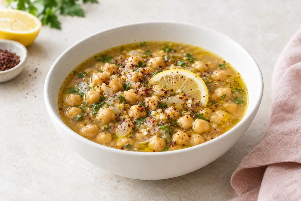 Garbanzo Bean Soup with Garlic, Sumac, Olive Oil, and Lemon
