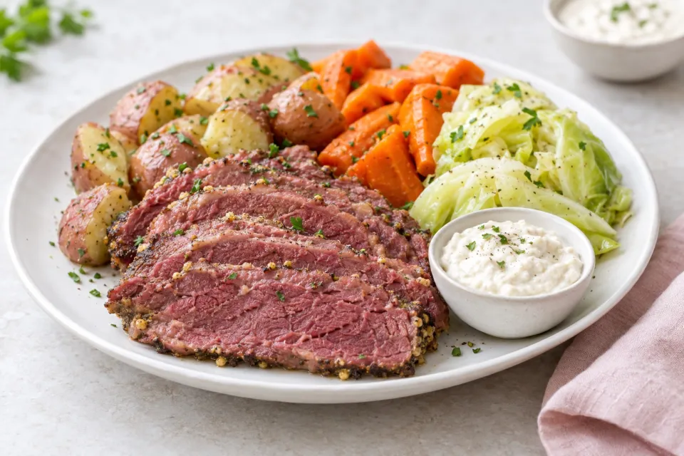 Slow Cooker Corned Beef with Veggies and Horseradish Sauce