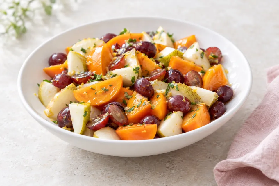 Winter Fruit Salad with Persimmons, Pears, and Grapes