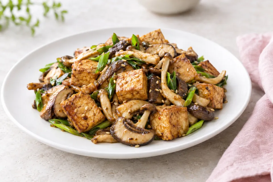 Stir-Fried Marinated Tofu and Mushrooms