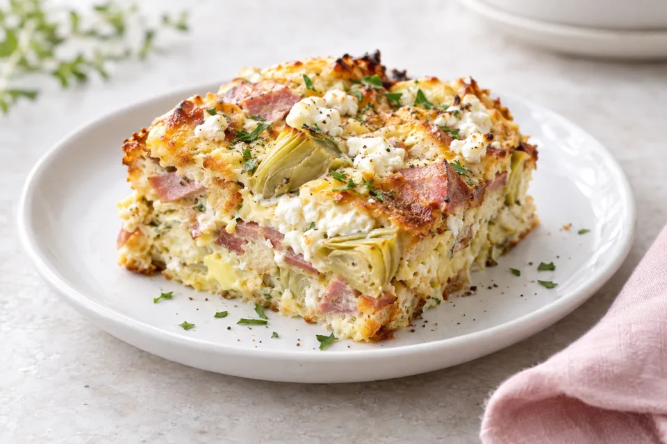 Karyn's Holiday Breakfast Casserole with Artichokes, Goat Cheese, and Canadian Bacon
