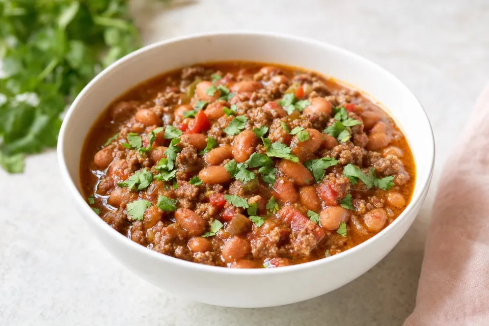 Pressure Cooker Pinto Bean and Ground Beef Stew with Cumin and Cilantro