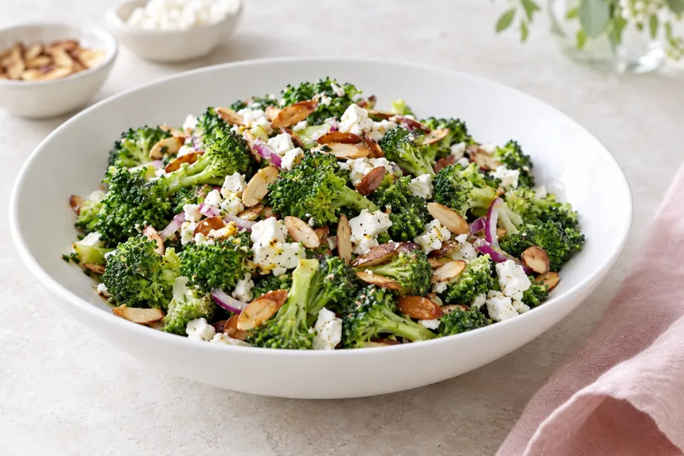 Barely-Blanched Broccoli Salad with Feta and Fried Almonds