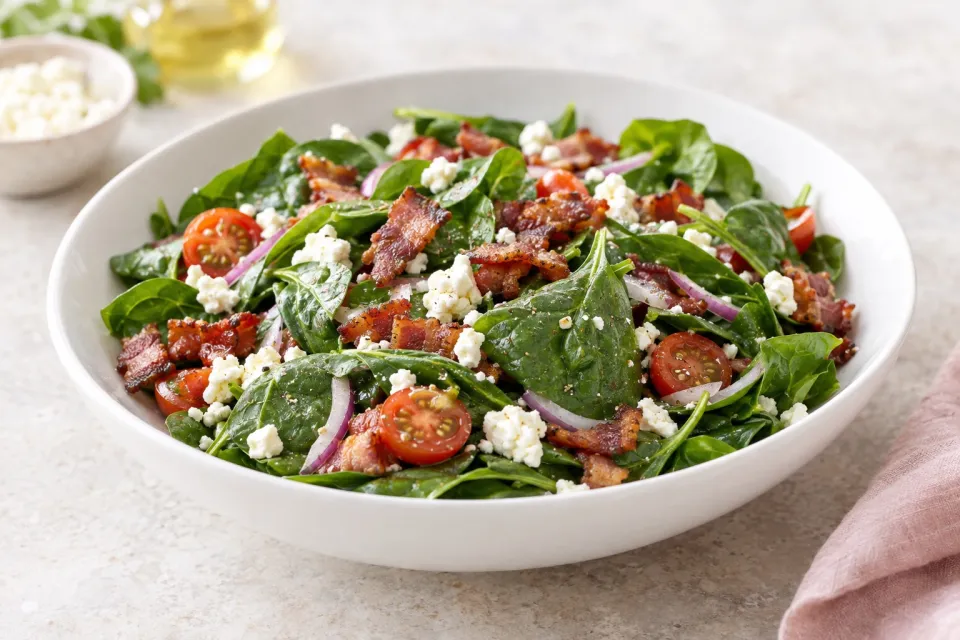 Low-Carb Spinach Salad with Bacon and Feta