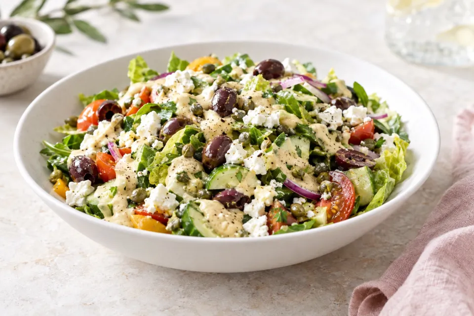 Mediterranean Salad with Hummus Dressing, Olives, Capers, and Feta