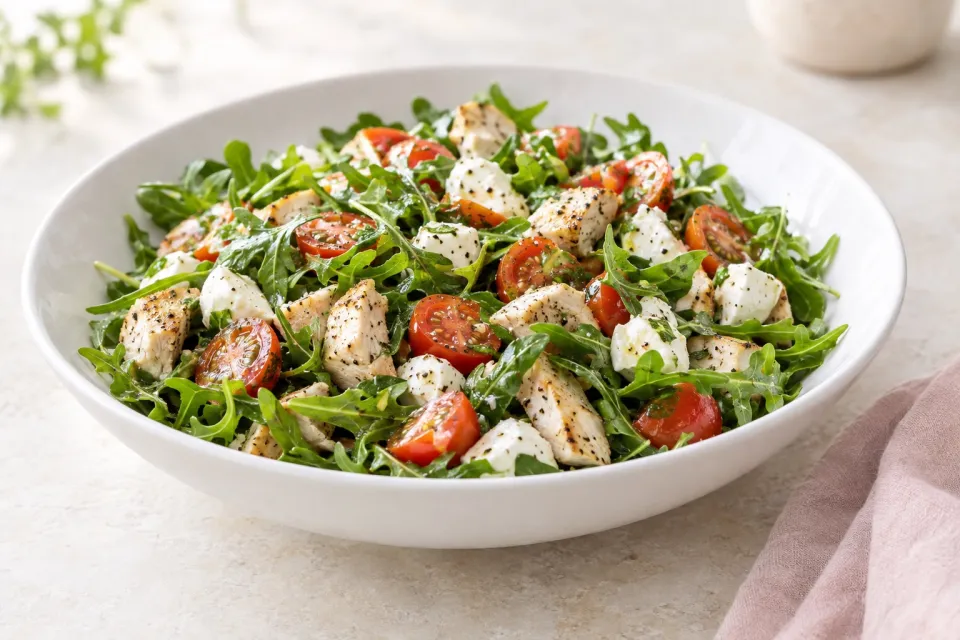 Baby Arugula Chopped Salad with Chicken, Fresh Mozzarella, and Tomatoes