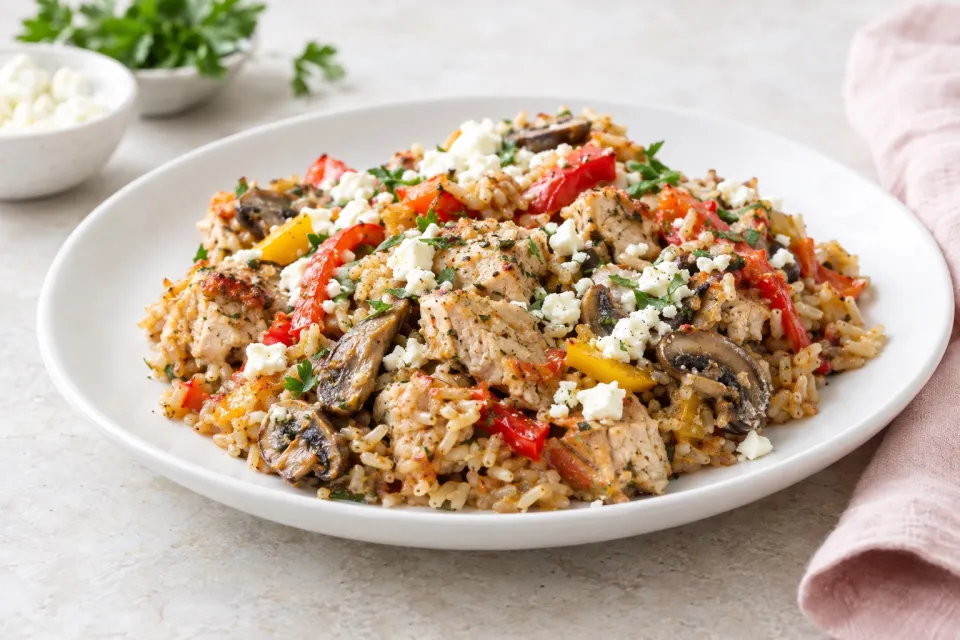 Brown Rice Casserole with Turkey, Peppers, Mushrooms, and Feta