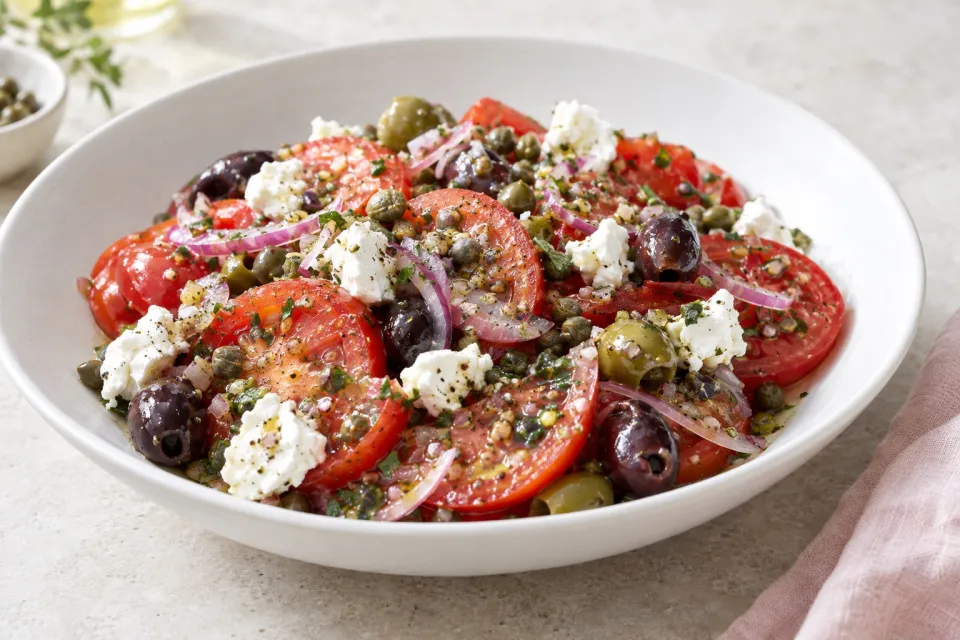 Sliced Tomato, Olive and Goat Cheese Salad with Onion-Caper Vinaigrette