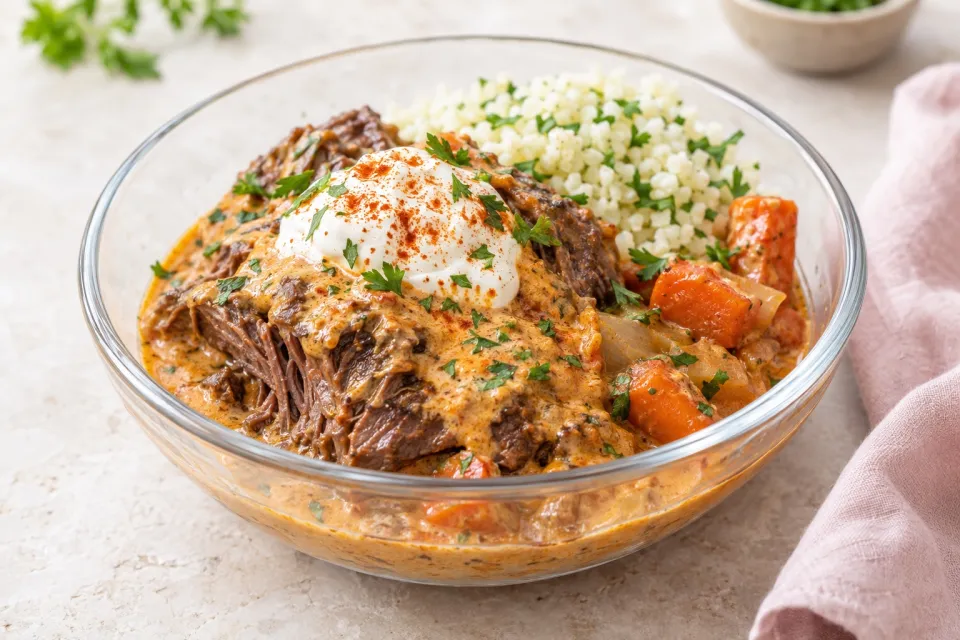 Low-Carb CrockPot Hungarian Pot Roast with Sour Cream Paprika Gravy