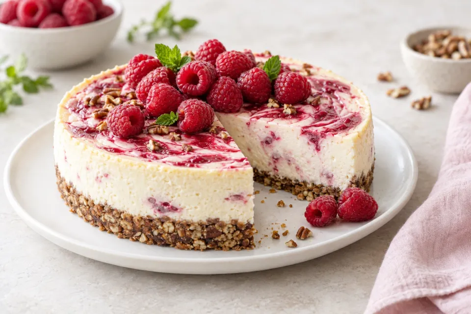 Low-Sugar Raspberry Cheesecake with Pecan Crust