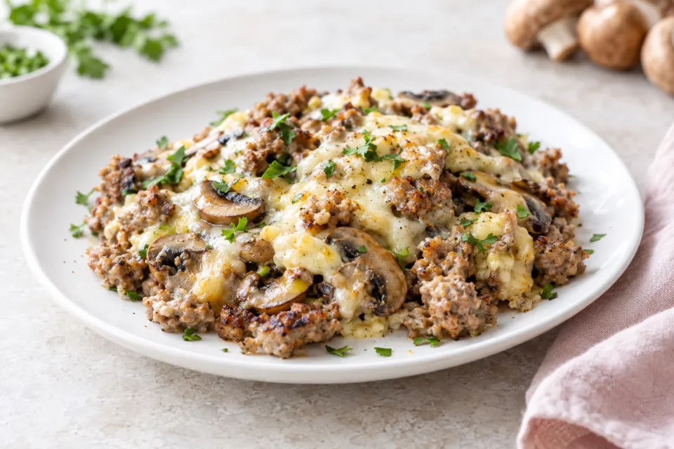 Cheesy Low-Carb No-Egg Sausage Mushroom Breakfast