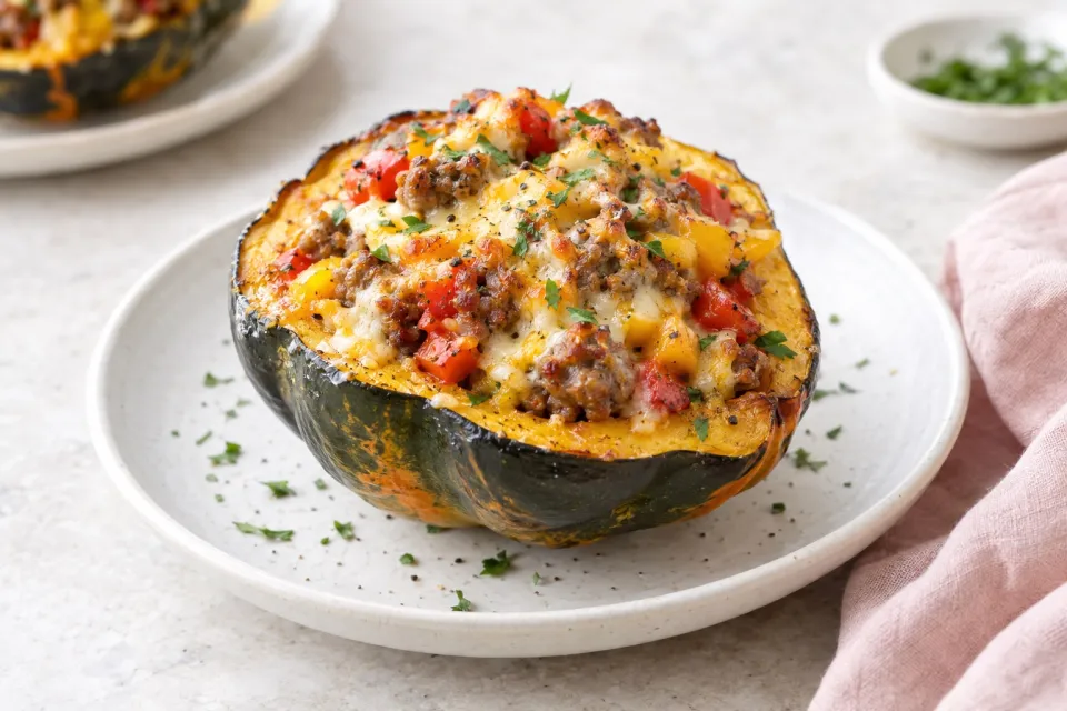 Cheesy Sausage and Pepper Stuffed Acorn Squash