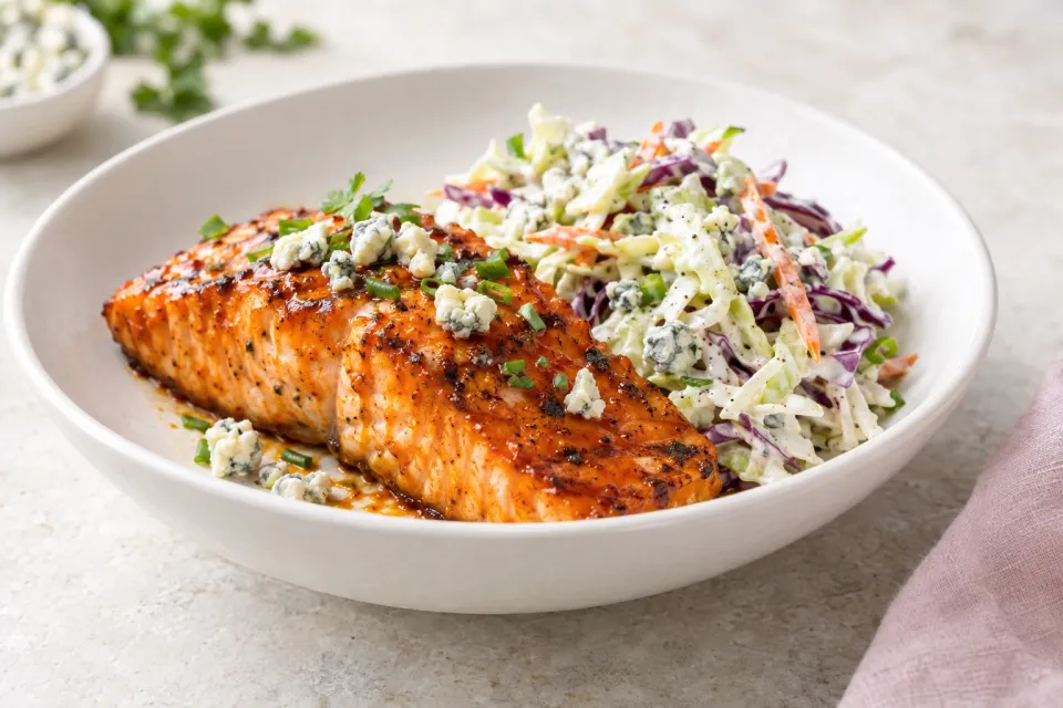 Buffalo-Glazed Grilled Salmon with Blue Cheese Coleslaw