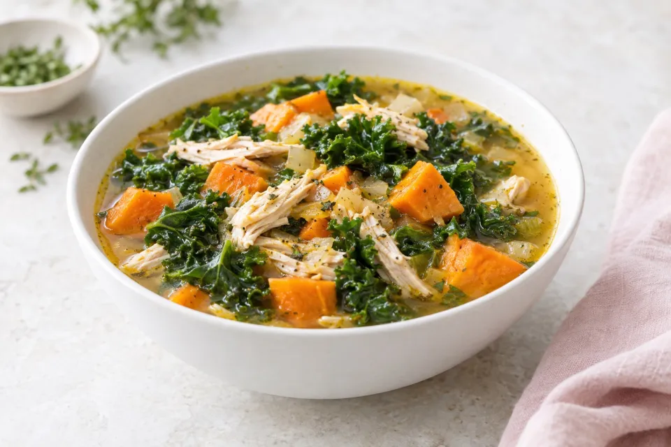 Slow Cooker Turkey Soup with Kale and Sweet Potatoes
