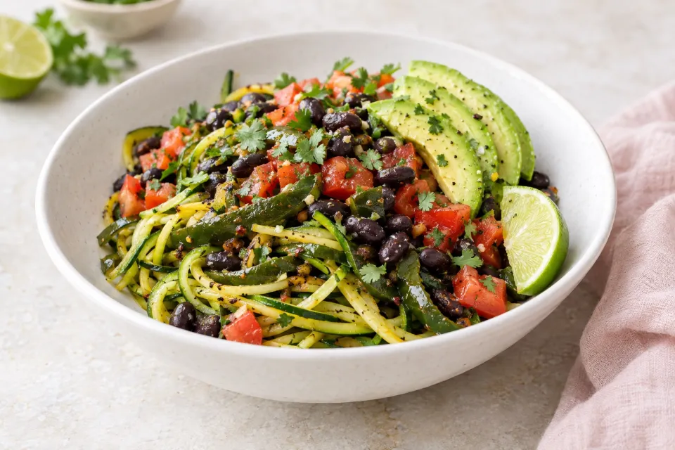 Julienned Zucchini Vegan Mexican Bowl with Black Beans, Avocado, Tomato, Poblano, and Lime