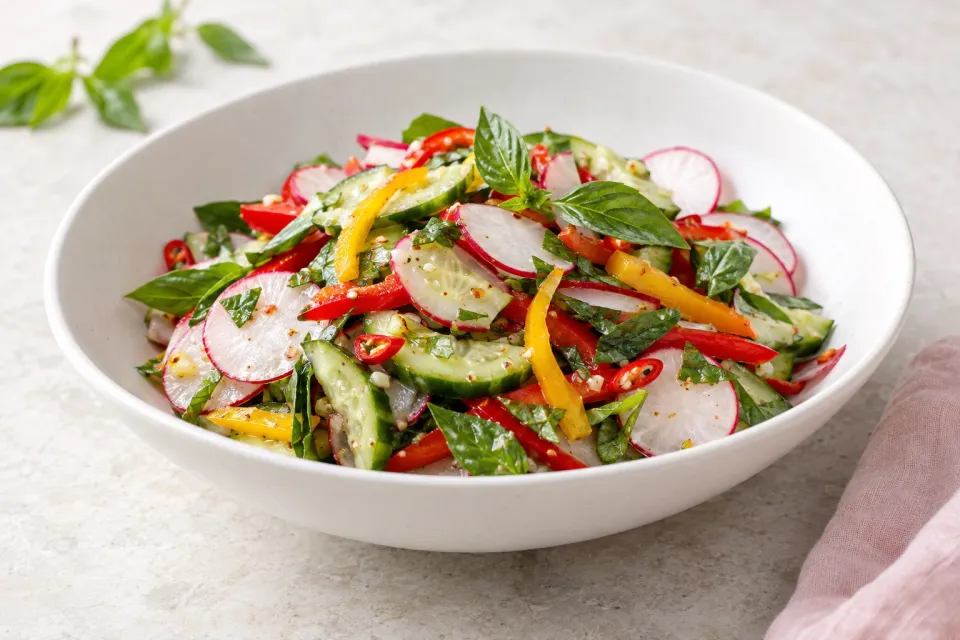 Radish and Cucumber Salad with Peppers and Thai Basil