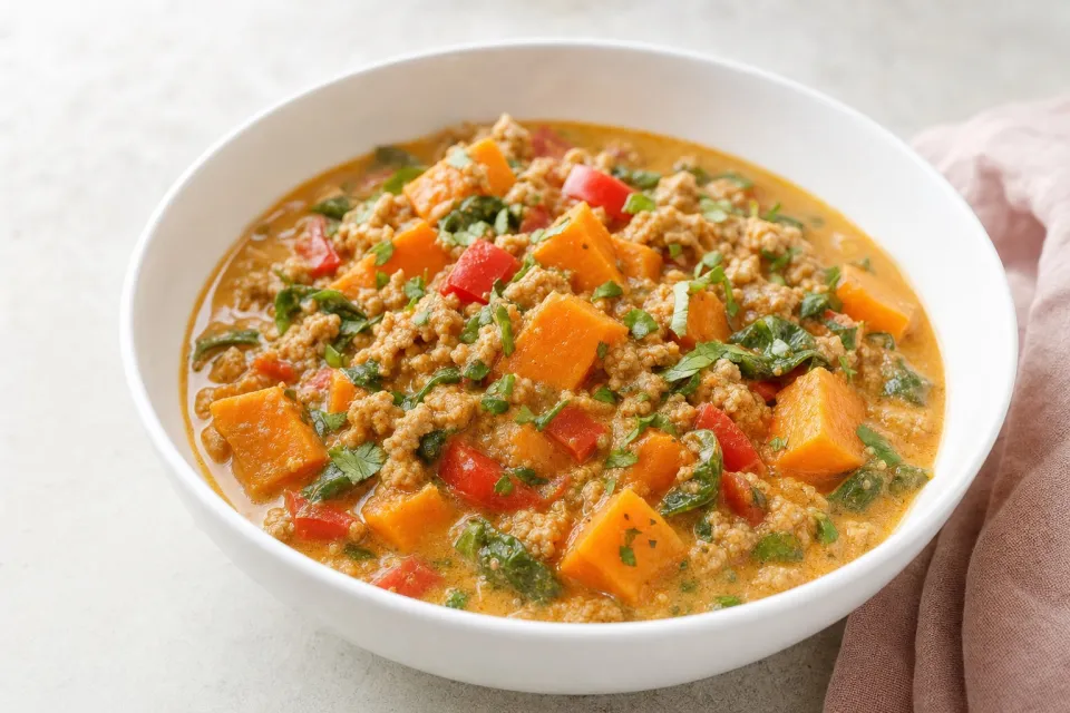 CrockPot Sweet and Spicy Ground Turkey and Sweet Potato Stew with Coconut Milk