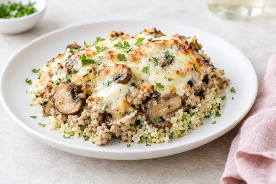 Low-Carb Turkey Casserole with Mushrooms, Mozzarella, and Cauliflower Rice