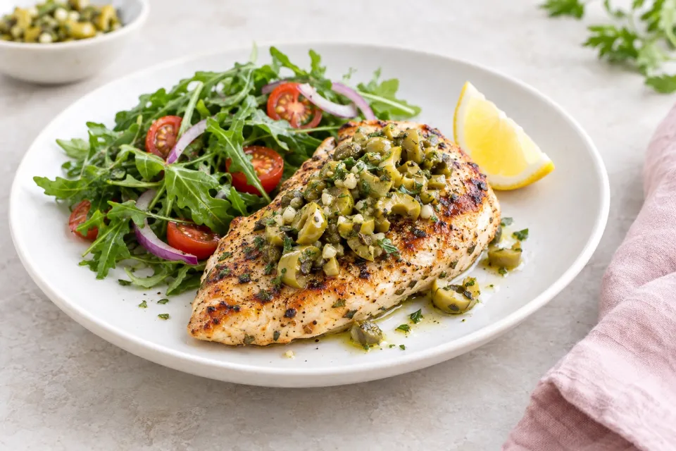 Low-Carb Pan-Grilled Chicken with Green Olive Relish