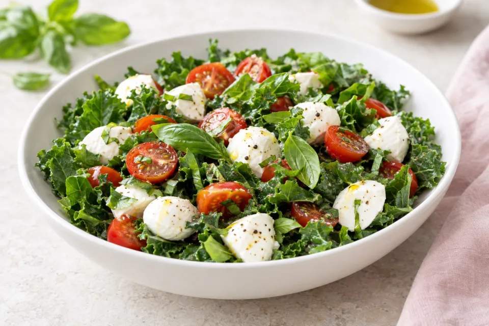 Baby Kale Caprese-Style Salad with Fresh Mozzarella, Tomatoes, and Basil