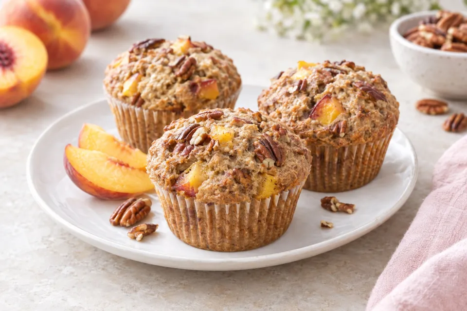 Low Sugar and Whole Wheat Peach Pecan Muffins