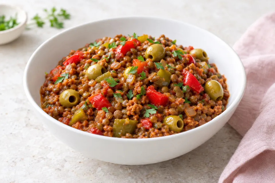 Vegan Picadillo Lentil Stew with Peppers and Green Olives