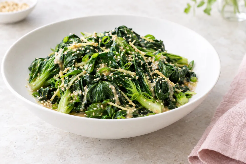 Chilled Wilted Tatsoi Salad with Sesame-Ginger Dressing